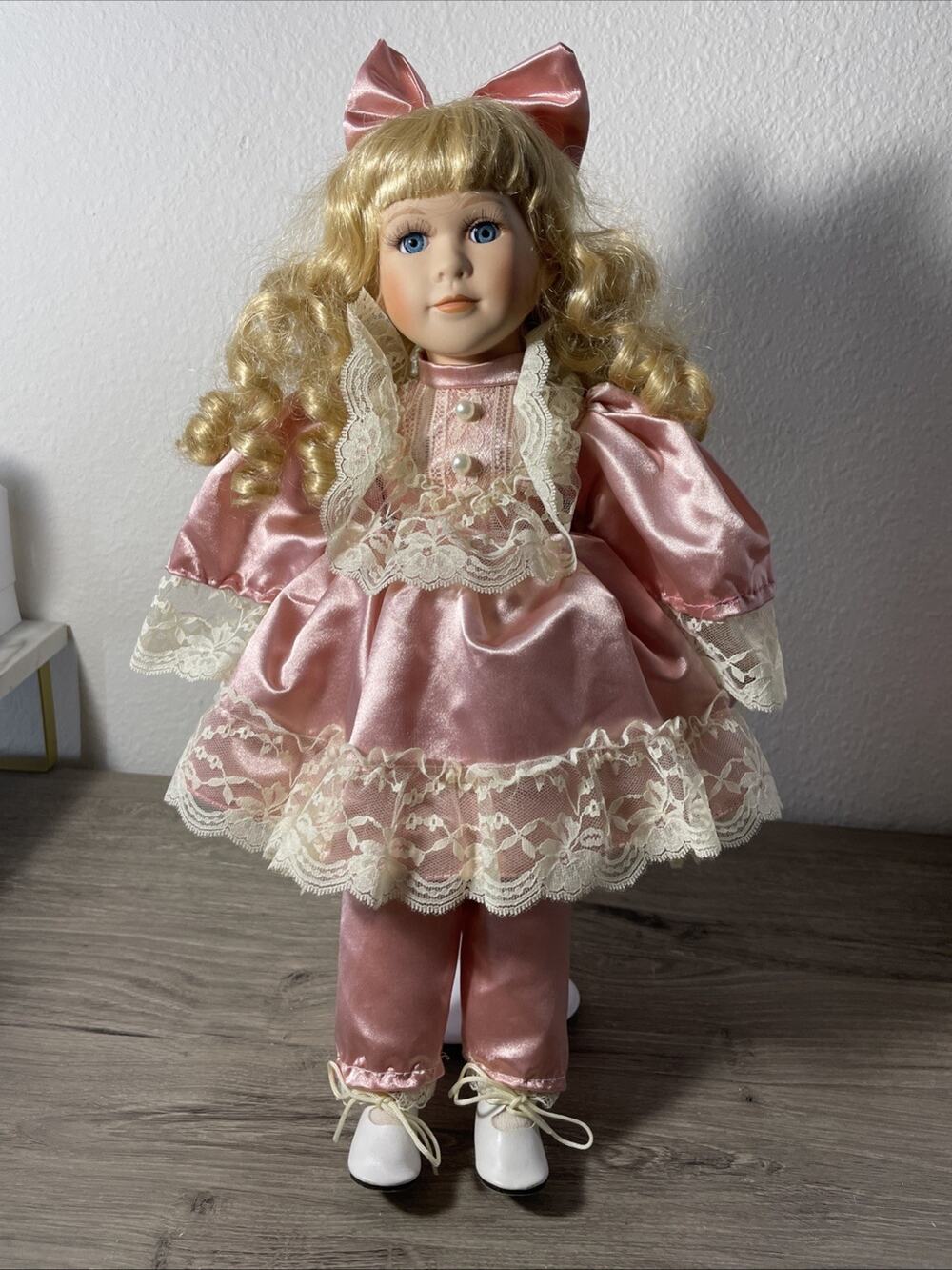 Vintage 15" Collectible Seymor Mann Porcelain Girl Doll With Pink Dress & Lace